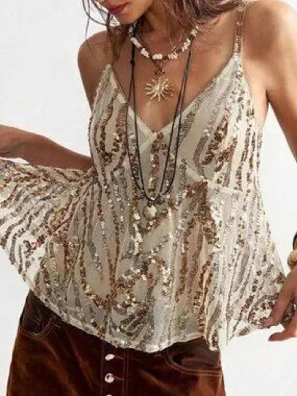 Multicolor Party Women's Regular Flared Spaghetti Strap Sequin Cami Top